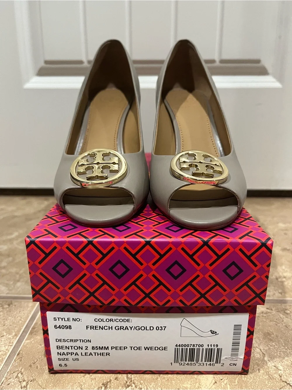 Tory Burch Gray Peep-Toe Wedges with Gold Logo